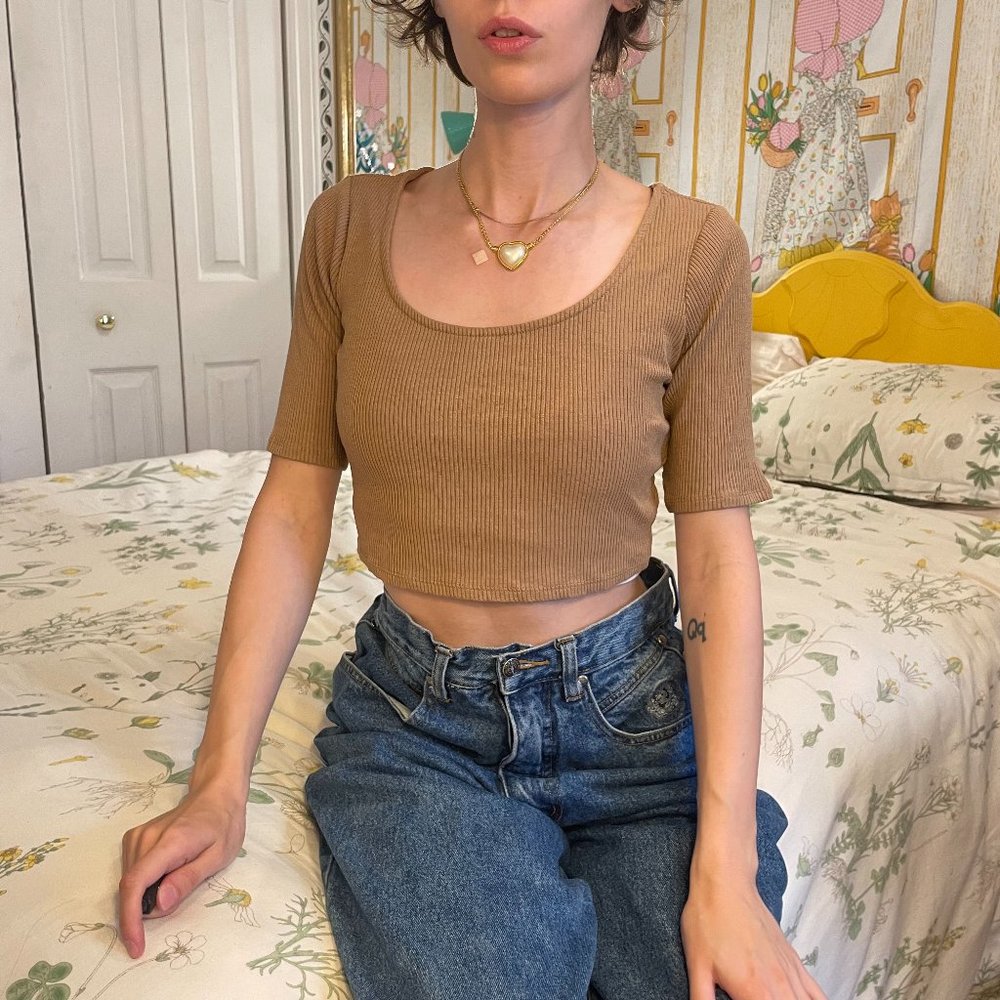 Brown ribbed low cut short sleeved crop top!